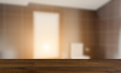 Fototapeta premium Clean and fresh bathroom with natural light. 3D rendering.. Suns. Background with empty wooden table. Flooring.