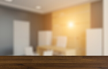 Obraz premium Elegant office interior. Mixed media. 3D rendering.. Sunset.. Background with empty wooden table. Flooring.