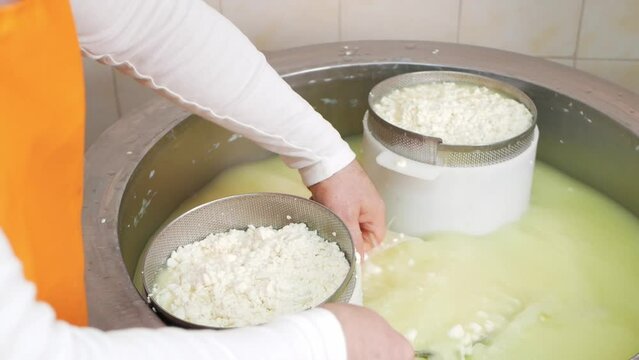 man makes cheese, curd mass, fermentation of milk, process of producing homemade cheese. Individual entrepreneur, small business. apron slow motion