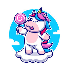 Obraz na płótnie Canvas Cute Unicorn Holding Candy On Cloud Cartoon Vector Icon Illustration. Animal Food Icon Concept Isolated Premium Vector. Flat Cartoon Style