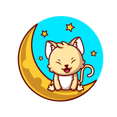 Obraz na płótnie Canvas Cute Cat Sitting On Sickle Moon With Stars Cartoon Vector Icon Illustration. Animal Nature Icon Concept Isolated Premium Vector. Flat Cartoon Style