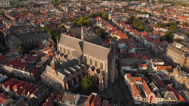 Brick Church Of Hooglandse Kerk In The City Centre Of Leiden, Netherlands. Aerial Shot
