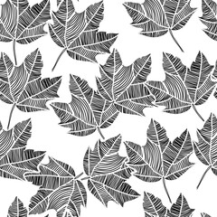 Abstract seamless floral pattern with maple leaves. Black and gold. Vector illustration.