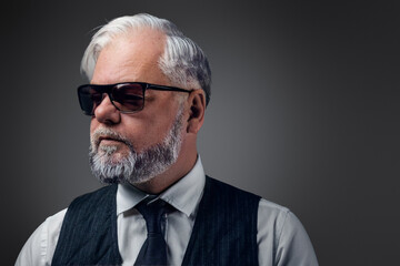 Shot of fashionable elderly man dressed in elegant clothes and sunglasses.