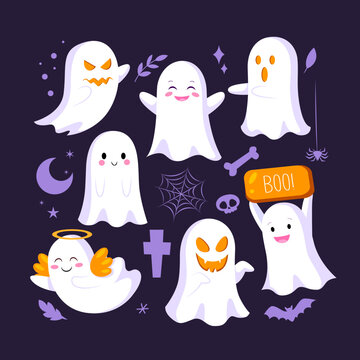 Set of cute Halloween ghosts. Cartoon character vector
