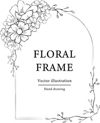 Hand drawn floral frame.  Botanical wreath borders and divider with branch vector illustration on white isolated background.  