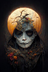 Scary Halloween Painting of White Mask under Hood With Branches, Glowing Pumpkin in The Background