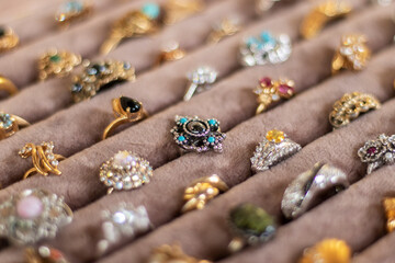 Retro jewelry at the vintage market. Close-up.