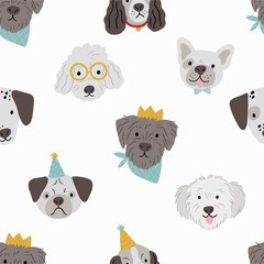 Cute cartoon dog in flat style. Vector illustration. Happy pet. Dog Birthday party. Seamless pattern