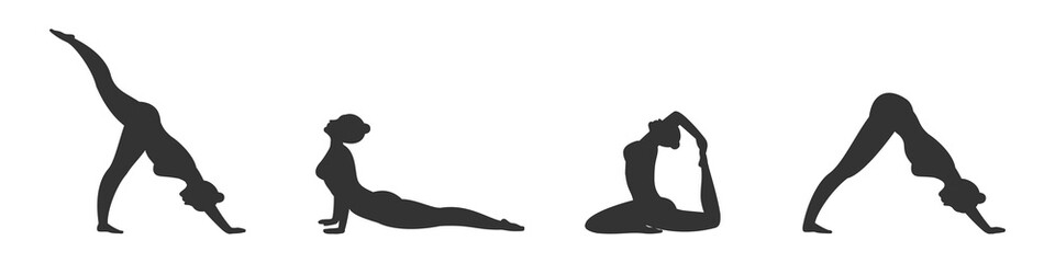 Silhouettes of yoga poses set - black isolated figures on a white background. Vector illustration.