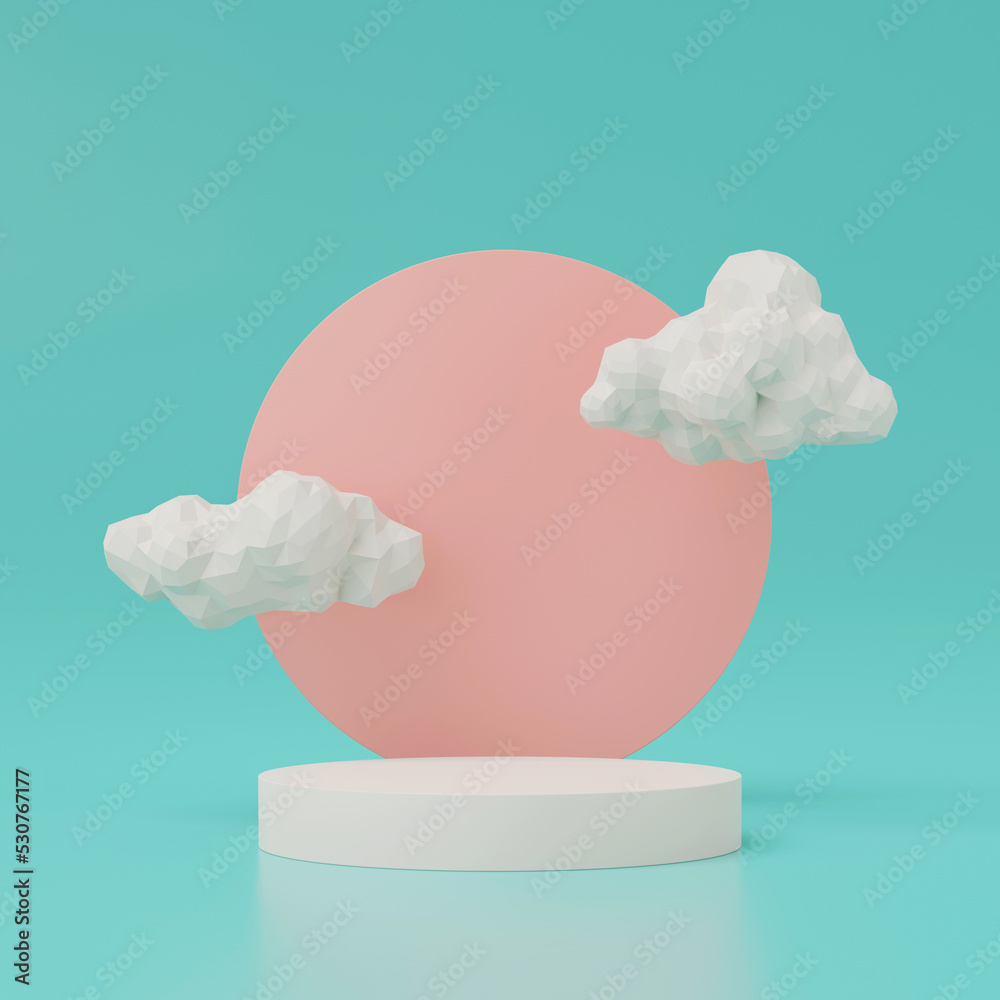 Aufkleber 3d render of round podium with clouds isolated on green background.
