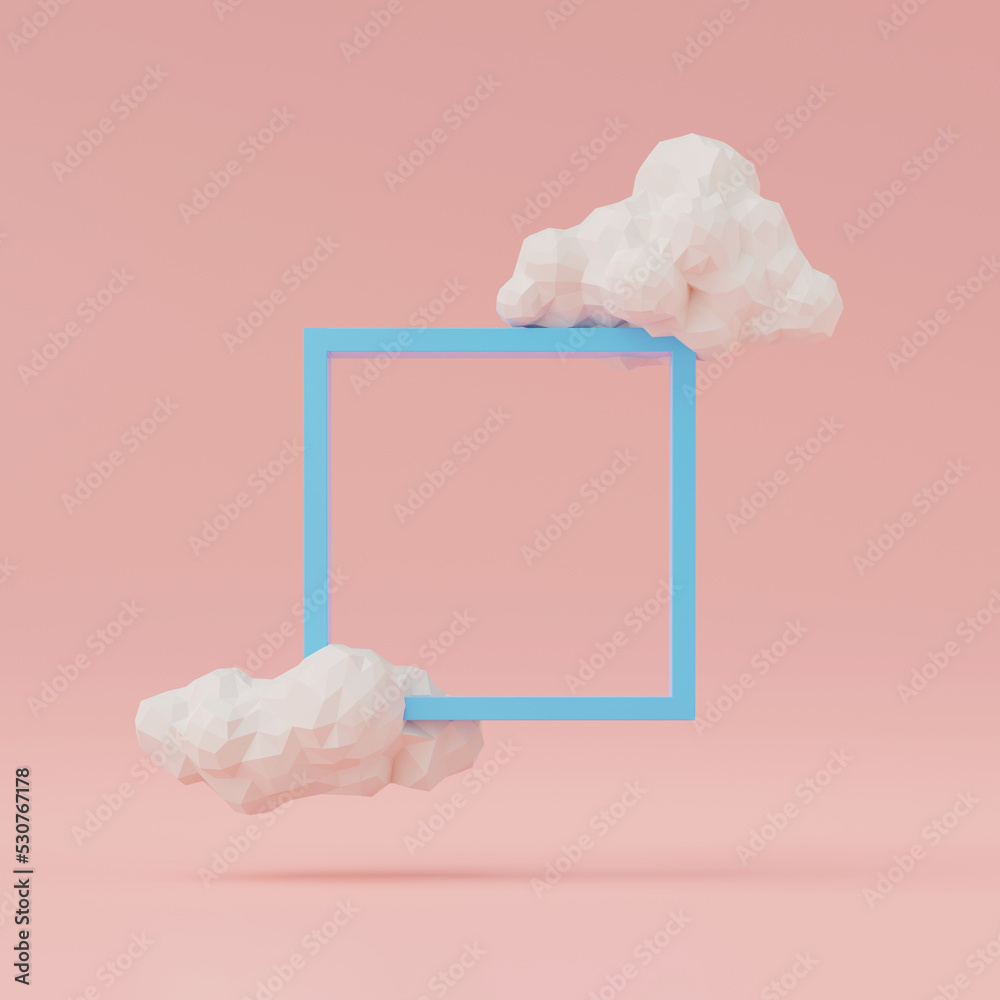 Aufkleber 3d render of clouds with square frame isolated on pink background.