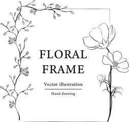 Hand drawn floral frame.  Botanical wreath borders and divider with branch vector illustration on white isolated background.  