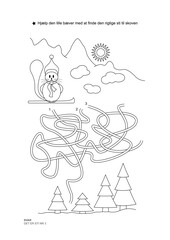 The maze game. Christmas theme. Help the little beaver get on the right path. Game and coloring. Vector illustration. Danish language.