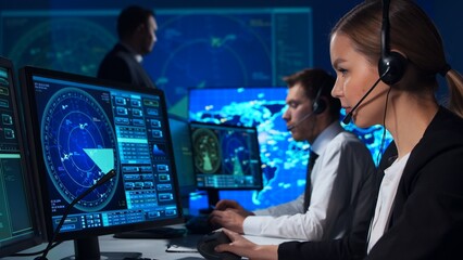 Workplace of the air traffic controllers in the control tower. Team of professional aircraft...