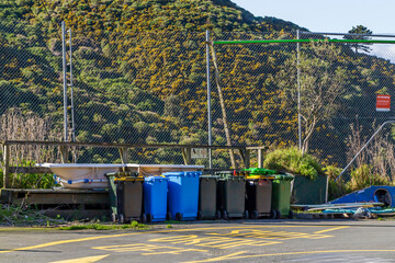 Recycling bins at The Tip Shop in Owhiro Bay, Wellington, New Zealand