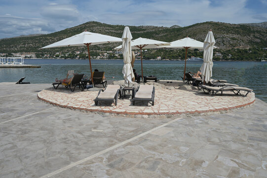A tiled sun bathing rest area at Babin Kuk, Dubrovnik, Croatia. 