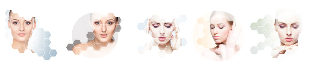 Beautiful face of young and healthy girl in collage. Plastic surgery, skin care, cosmetics and face lifting concept.