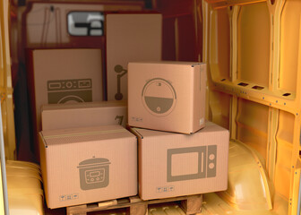 Fototapeta premium different appliance boxes set in the back of a minibus delivery concept 3d illustration