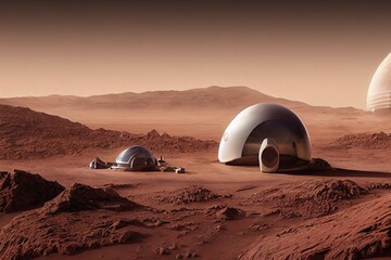 Fototapeta na wymiar Futuristic Martian base on the colonized planet Mars, housing and scientific buildings built by the first colonists.