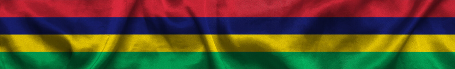 Elongated national flag of Mauritius with a fabric texture fluttering in the wind. Republic of Mauritius flag for website design. 3d illustration