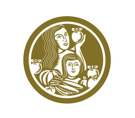 Obraz premium Woman Child Holding Apples Fruits Vegetables Circle Retro