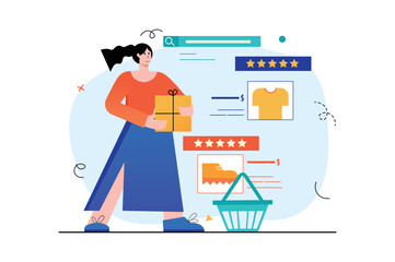 Online shopping concept with people scene in the flat cartoon style. Woman looks at products in an online store, reads reviews and orders home delivery. Vector illustration.