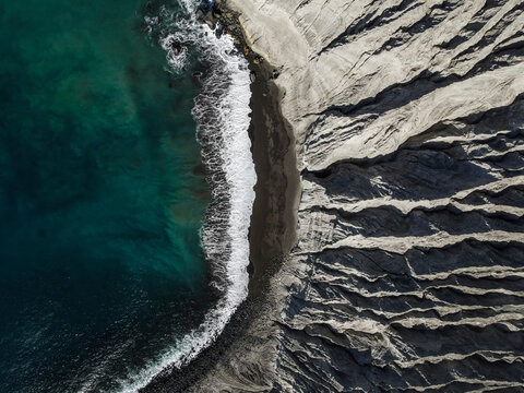 Aerial view of the coastline on Isla san Benedicto, a volcanic island, Colima, Mexico.