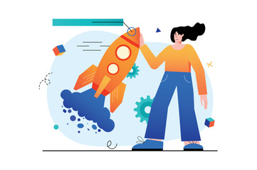 Concept Startup with people scene in the flat cartoon style. Girl is watching how her startup is gaining popularity on the Internet. Vector illustration.