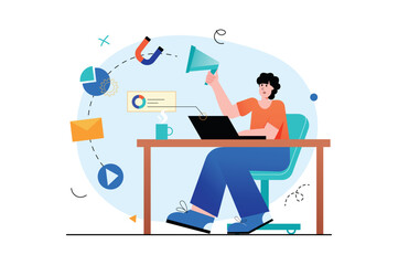 Marketing concept with people scene in the flat cartoon design. Marketer promotes and popularizes products and services using social network. Vector illustration.