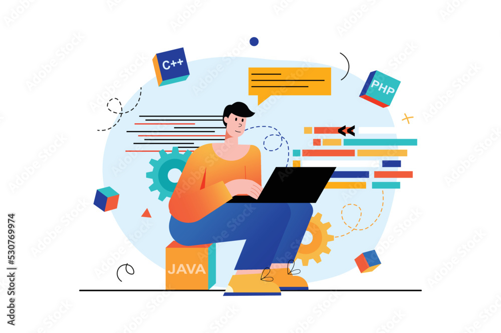 Poster programming concept with people scene in the flat cartoon design. programmer writes code for an appl