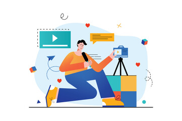 Live streaming concept with people scene in the flat cartoon style. Blogger broadcasts live from home and tells followers many information. Vector illustration.