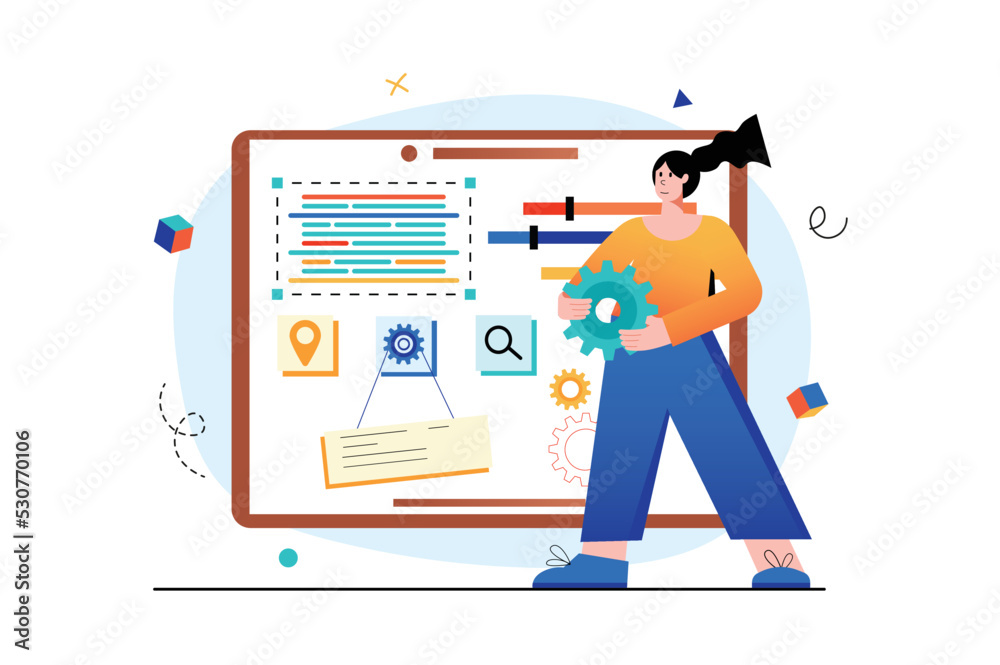 Poster ui ux programming concept with people scene in the flat cartoon style. digital designer makes change
