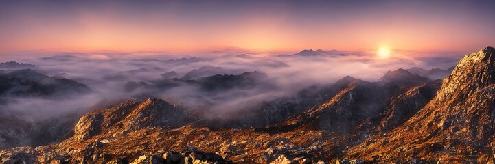 Sunrise in the mountains, beautiful landscape. Morning fog flows down the slopes of the mountains. Panorama of mountain peaks and ridges. 3d illustration