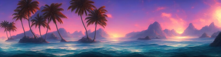 Tropical paradise beach, beautiful magical palm trees hanging on the seashore. Blue sky and azure sea water. Sun illuminates the coast beach and the ocean. 3d illustration - obrazy, fototapety, plakaty