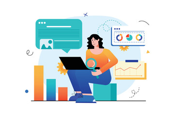 Searching internet concept with people scene in the flat cartoon design. Woman searches the Internet for the most important information among a large amount of information. Vector illustration.