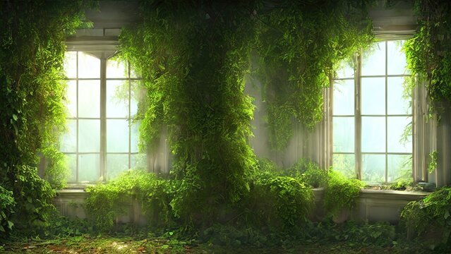 Windows of empty abandoned house palace overgrown with vegetation, ivy and vines from inside. Magical fabulous house windows in room. Building is captured by nature and vegetation. 3d illustration