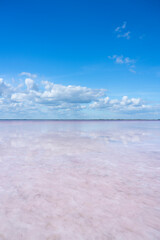 Bursol pink lake. Clouds are reflected in light pink water. Background for screen saver, wallpaper, postcard. High quality photo
