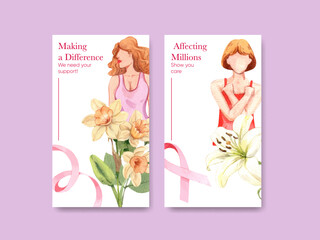 Instagram template with breast cancer concept,watercolor style