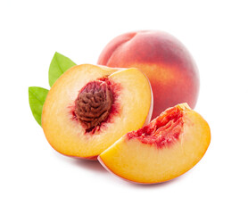 Sweet peach with leaves close up