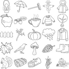 Autumn Hand Drawn Doodle Line Art Outline Set Containing Lantern, Umbrella, Rake, Harvest, Crow, Pumpkin, Branch, Log, Corn, Squirrel, Jacket, Apple, Mushroom, Sweater, Raincoat, Leaf, Rain, Scarecrow
