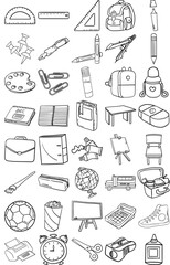 Back To School Hand Drawn Doodle Line Art Outline Set Containing Bag, Blackboard, Book, Notebook, Pencil, Crayon, Eraser, Ruler, Pen, Pins, Bin, Scissors, School Bus, Water Bottle, Clips, Desk, Chair