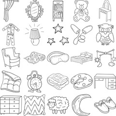 Bedroom Hand Drawn Doodle Line Art Outline Set Containing Bed, Carpet, Cushion, Blanket, Slippers, Alarm clock, Chest of drawers, Curtain, Lampshade, Mirror, Desk, Bookshelf, Dressing table, Teddy
