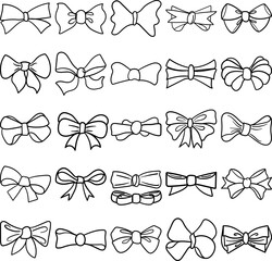 Bows Hand Drawn Doodle Line Art Outline Set Containing bow, bows, bow tie, double bow, ribbon
