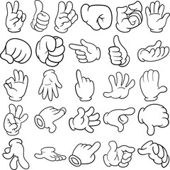Cartoon Hand Hand-Drawn Doodle Line Art Outline Set Containing fist, grip, palm, peach man, a-ok, a-hole, dislike, high-five, talk to the hand, good job, you,  stop, just a part, this and that, punch,