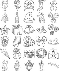 Christmas Hand Drawn Doodle Line Art Outline Set Containing angel, bells, bow, candle, candy cane, Champagne, chimney, Christmas card, Christmas tree, cookies, cracker, elf, fireplace, gingerbread
