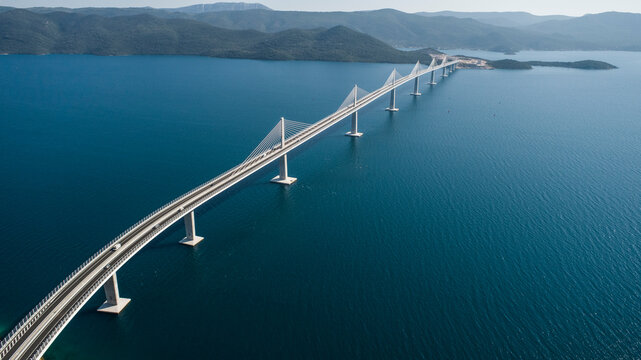 Aerial view of Peljeski bridge, a suspended railroad and highway crossing the Bay of Mali Ston in Croatia.