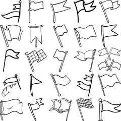 Flags Hand Drawn Doodle Line Art Outline Set Containing Flag, Flags, banner, emblem, streamer, colors, ensign, jack, pennon, standard, banderole, bannerol, burgee, gonfalon