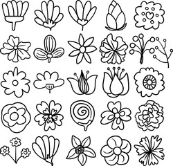 Flowers Hand Drawn Doodle Line Art Outline Set Containing flower, flowers, blossom, flora, bloom, baby tooth, herb, perennial, vine, annual, bud, cluster, efflorescence, floret, floweret