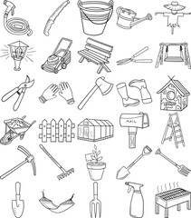 Garden Hand Drawn Doodle Line Art Outline Set Containing Fence, Plant pot, Axe, Gardening gloves, Rake, Hedge shears, Gardening fork, Garden hose, Boots, Watering can, Shovel, Pruning shears, Pruning 